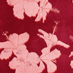 tropical hibiscus block print - rusty red and pink blush