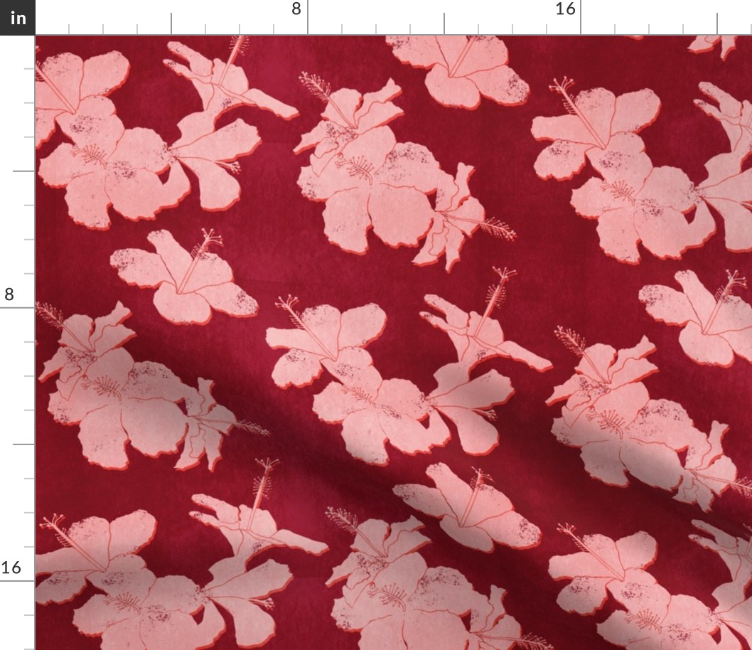 tropical hibiscus block print - rusty red and pink blush