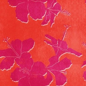 tropical hibiscus block print - orange and hot pink