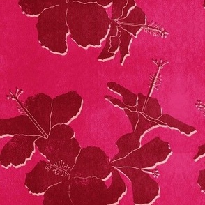 tropical hibiscus block print - hot pink and red