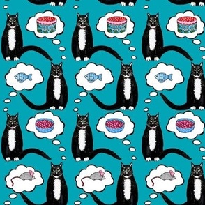 Cats dream on teal , tuxedo cats with cat food and cat treats 