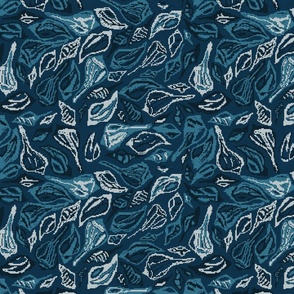 Seashells Cross Stitch- Coastal Blue shells on Prussian Blue- Regular Scale