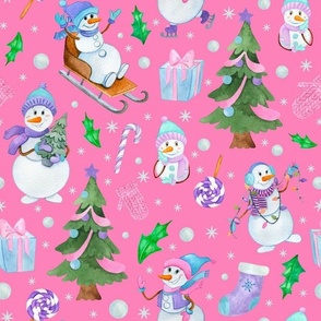 Large Scale Happy Snowmen on Pink