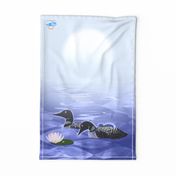 Tea Towel-Loon Family on Lake with Sun-Periwinkle