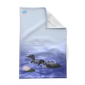 Tea Towel-Loon Family on Lake in Fog - Periwinkle