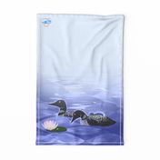 Tea Towel-Loon Family on Lake in Fog - Periwinkle