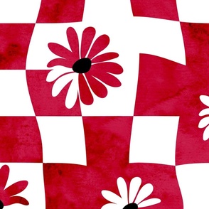 Retro Whimsy Daisy Check- Flower Power Wavy Checks - Pink Red Watercolor Floral Groovy Gingham- Large Scale