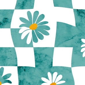 Retro Whimsy Daisy Check- Flower Power Wavy Checks - Verdigris Aqua Watercolor Floral Groovy Gingham- Large Scale