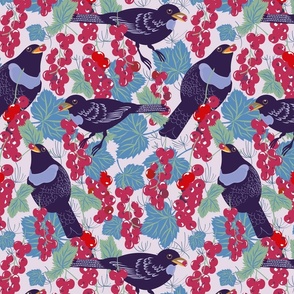Starling - birds and berry - blue leaf - medium