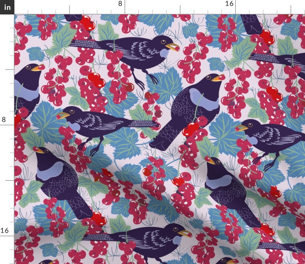 Starling - birds and berry - blue leaf - medium