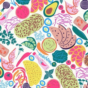 Taco Potpourri- Veggie Fruity Mexican Delights- Colorful on Textured White- Large Scale 