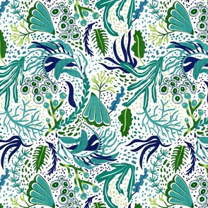 Ocean Calling- Sea Life- Kelp Coral Seaweed Anemone in Teal Blue Green- Cloakroom/Powder Room/Bathroom Wallpaper- Regular Scale