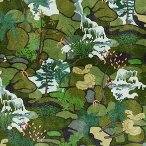 Moss-Scape- Tropical Moss Forest with waterfalls- Lush Greenery- Olive Green- Large Scale