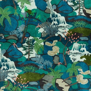 Moss-Scape- Tropical Moss Forest with waterfalls- Lush Greenery- Teal Blue Green- Large Scale