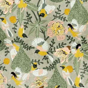 Whimsy Weavers Magic- Weaver Bird, Nest and Fairy Wonderland- Olive Artichoke on Sage- Large Scale