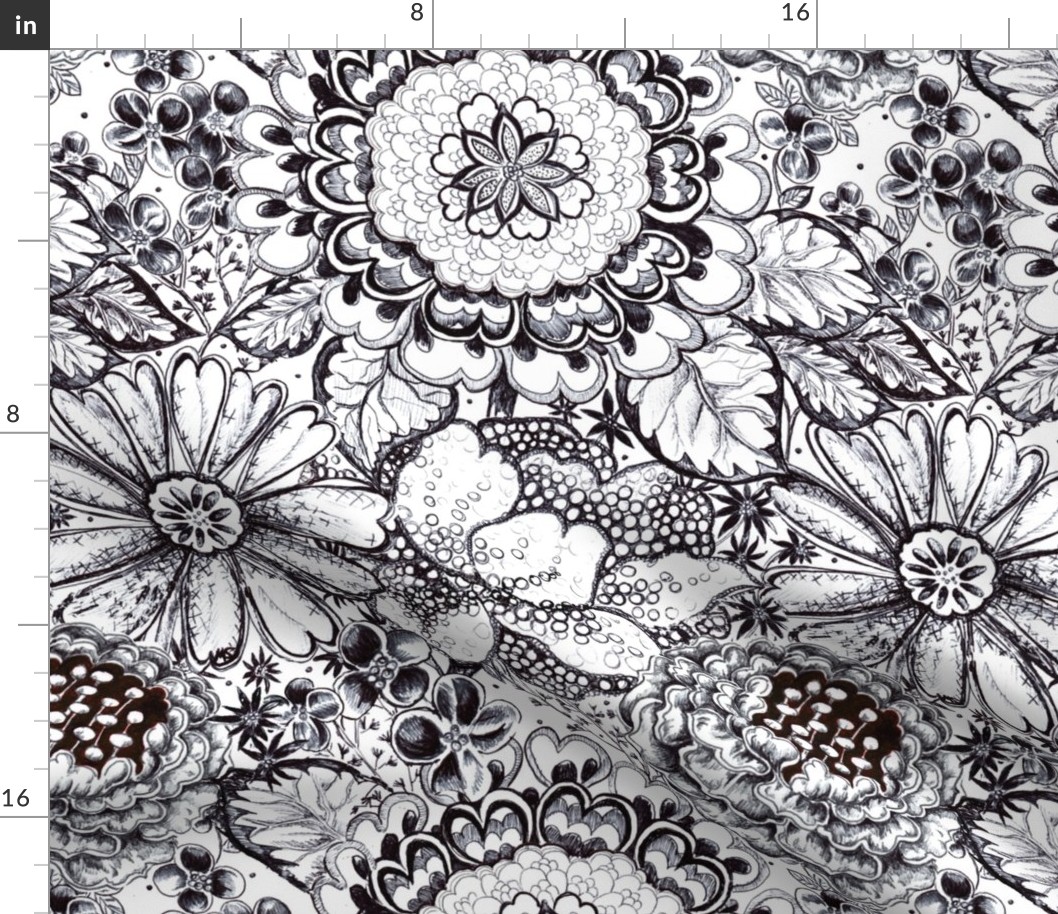 Wild Symphony Black and White Floral - Pen and Ink Flowers