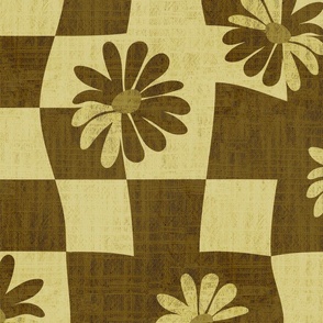 Retro Whimsy Daisy Check- Flower Power Wavy Checks- Garden Dreams- Cream Vanilla Olive Brown Floral Groovy Gingham- Large Scale