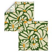 Retro Whimsy Daisy- Flower Power on Sap Green- Eggshell Floral- Large Scale
