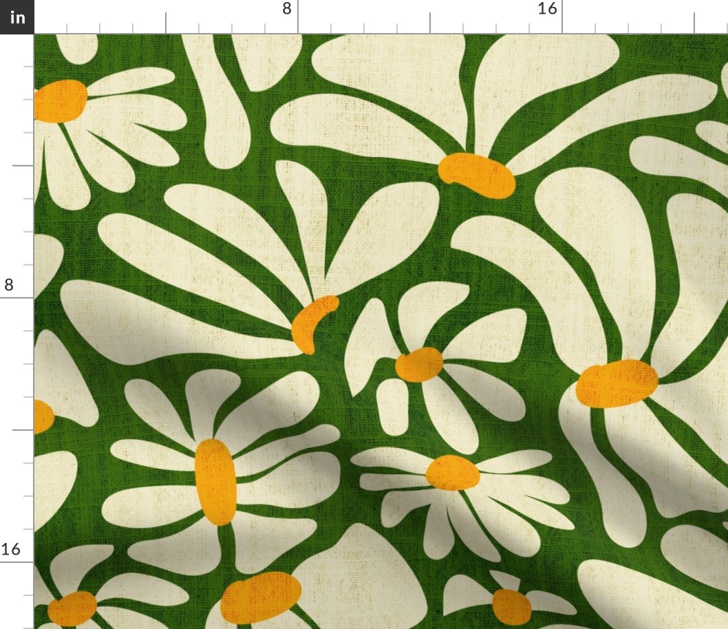 Retro Whimsy Daisy- Flower Power on Sap Green- Eggshell Floral- Large Scale