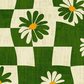 Retro Whimsy Daisy Check- Flower Power Wavy Checks- Sap Green Eggshell Floral Groovy Gingham- Spring- Large Scale