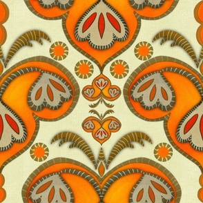 Ethnic embroidery effect flowers Orange and flax linen medium