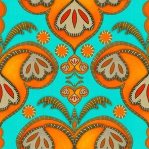 Ethnic embroidery effect flowers Orange cyan linen medium