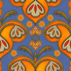 Ethnic embroidery effect flowers Orange and denim linen medium