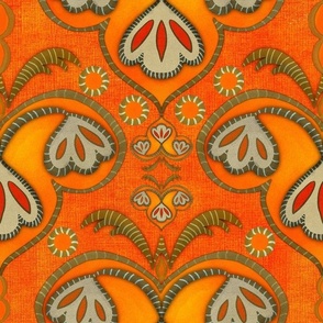 Ethnic embroidery effect flowers Orange on orange canvas medium