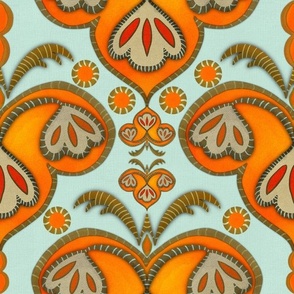 Ethnic embroidery effect flowers Orange, duck egg blue