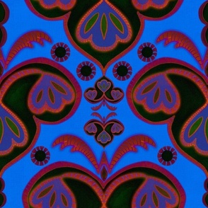 Ethnic embroidery effect flowers ultramarine blue, pinks, black medium