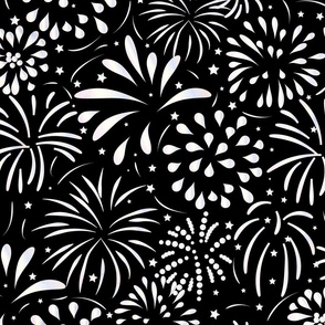 Party Fireworks- Silver White Dazzling Sky with Fire Flowers- Black and White- Large Scale 