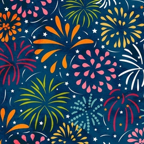 Party Fireworks- Rainbow Dazzling Sky with Fire Flowers- Explosion of Color on Blue- Large Scale 