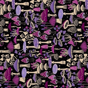 Mushroom Collection - ROTATED - botanical of assorted fungi - pink/magenta and purple and beige on black - large 