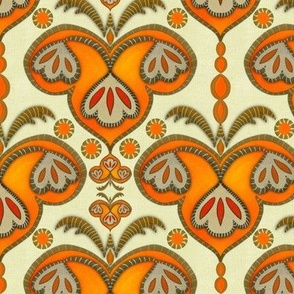 6” repeat Ethnic embroidery effect flowers Orange and flax linen small