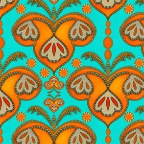 Ethnic embroidery effect flower moths Orange cyan linen effect 6” repeat