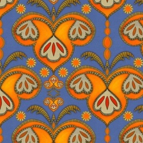 Ethnic embroidery effect butterfly flowers Orange and denim linen small