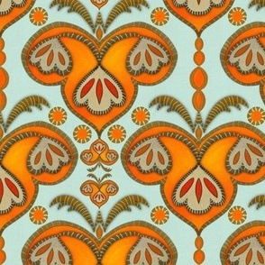 Ethnic embroidery effect flowers Orange, duck egg blue Small