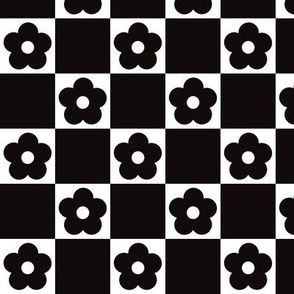 Retro Floral Checkerboard - Black and White
