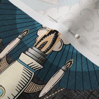 Space Exploration - retro style rocket ship/ space ship and space colony with planets ROTATED - large