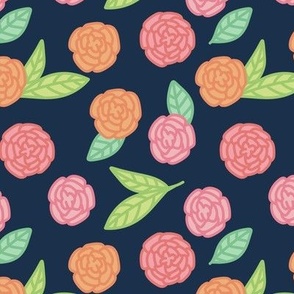 Neon Flowers on Navy Background