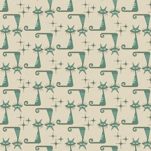 MISCHIEVOUS CATS WITH STARBURSTS - RETRO GREEN AND CREAM WITH FABRIC TEXTURE