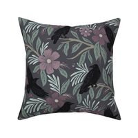 Ravens / crows - floral purple grey - medium