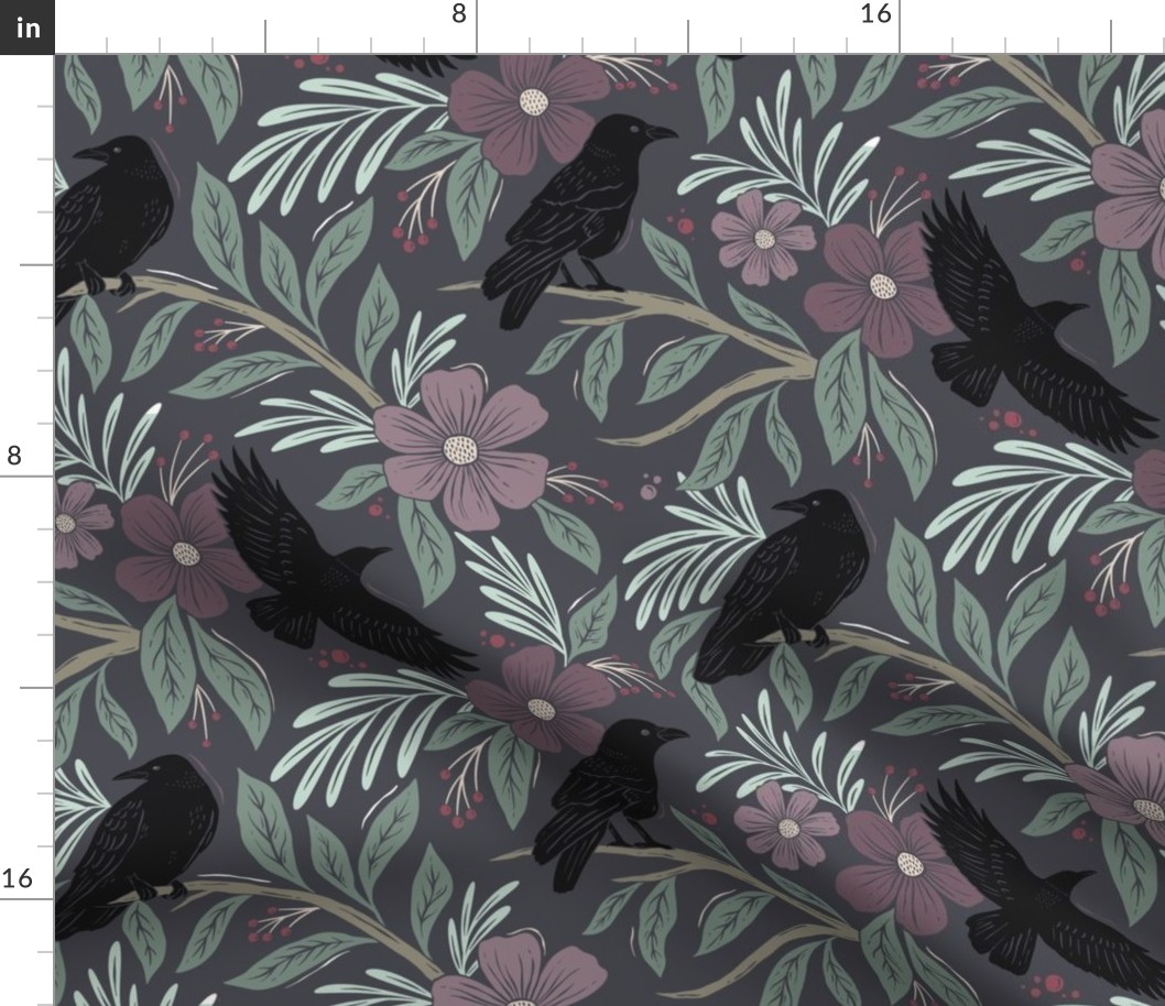 Ravens / crows - floral purple grey - medium