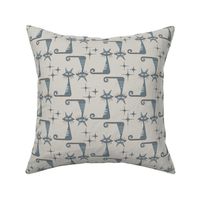 MISCHIEVOUS CATS WITH STARBURSTS - RETRO GRAY BLUE AND LIGHT CREAM WITH FABRIC TEXTURE