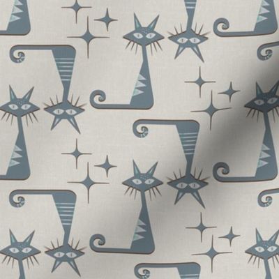 MISCHIEVOUS CATS WITH STARBURSTS - RETRO GRAY BLUE AND LIGHT CREAM WITH FABRIC TEXTURE