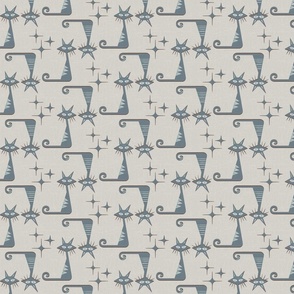 MISCHIEVOUS CATS WITH STARBURSTS - RETRO GRAY BLUE AND LIGHT CREAM WITH FABRIC TEXTURE