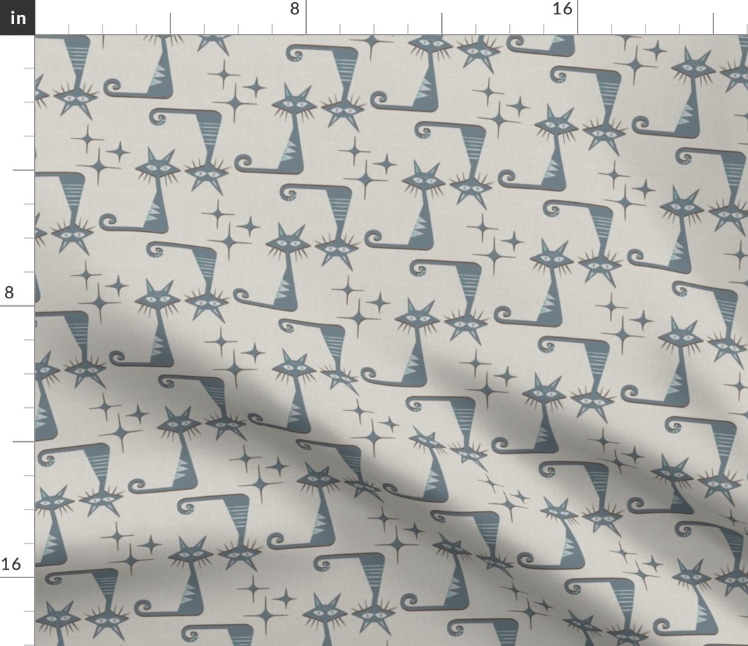 MISCHIEVOUS CATS WITH STARBURSTS - RETRO GRAY BLUE AND LIGHT CREAM WITH FABRIC TEXTURE