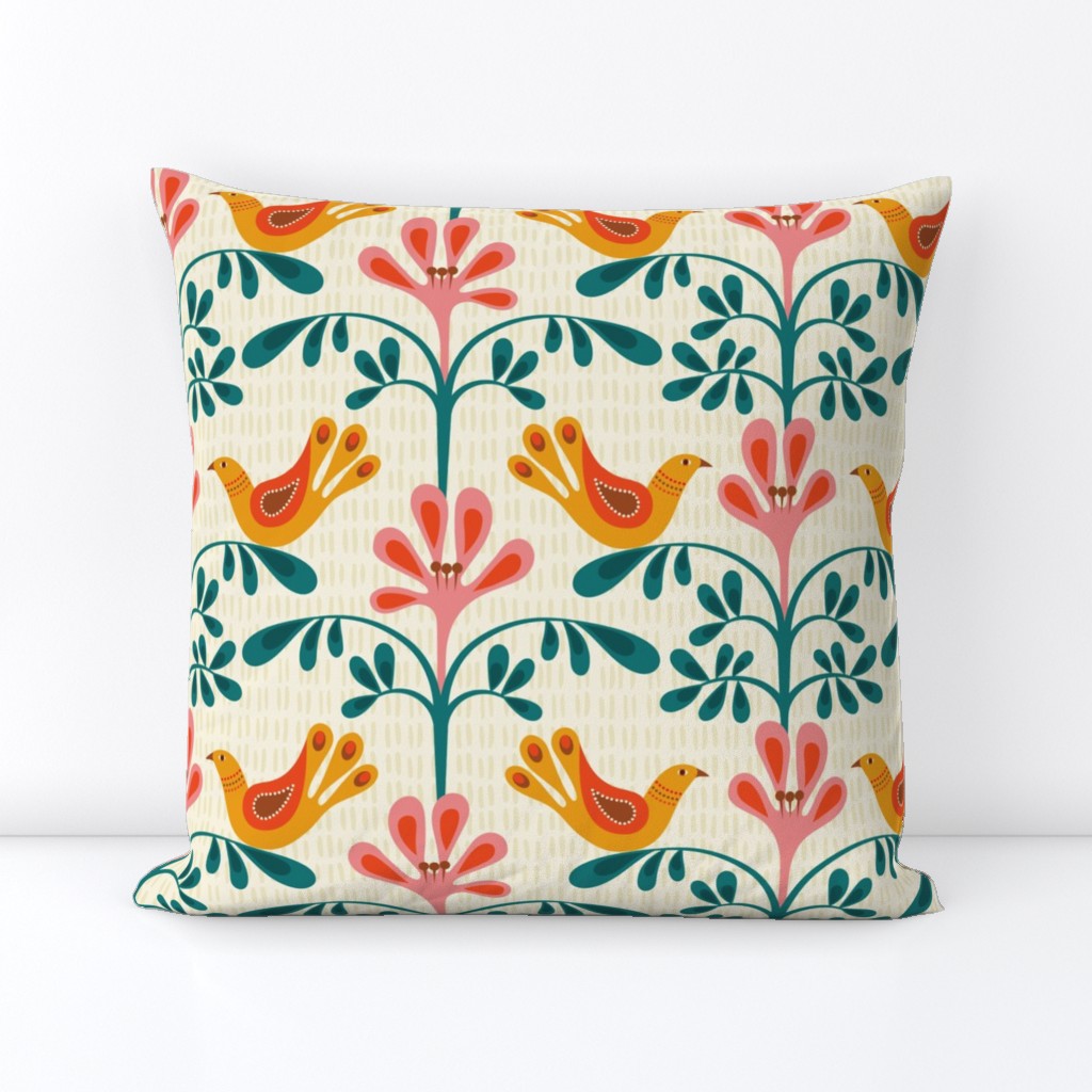 Scandi Birds and Flowers in Beige, Gold Yellow, Pink, Green, Scandinavian Bird Pattern