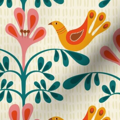 Scandi Birds and Flowers in Beige, Gold Yellow, Pink, Green, Scandinavian Bird Pattern
