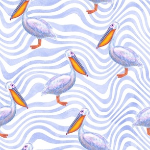 White watercolor pelicans and wavy stripes